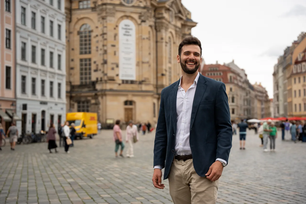 Julio Bernal sorrindo na praça da Frauenkirche, em Dresden